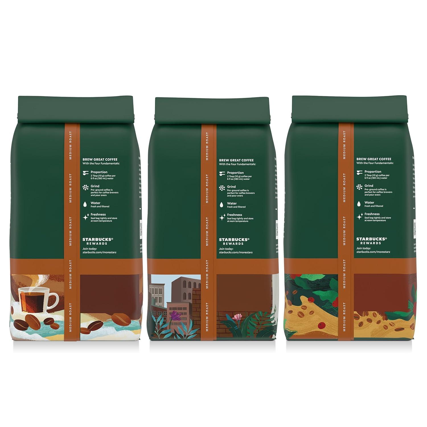 imageStarbucks Ground Coffee Medium Roast Hot or Iced Coffee Variety Pack Three 12 oz BagsMedium Variety Pack