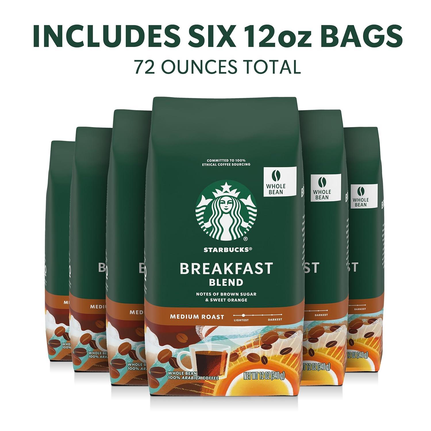 imageStarbucks Whole Coffee Beans Medium Roast Hot or Iced Coffee Breakfast Blend Six 12 oz BagsBreakfast Blend