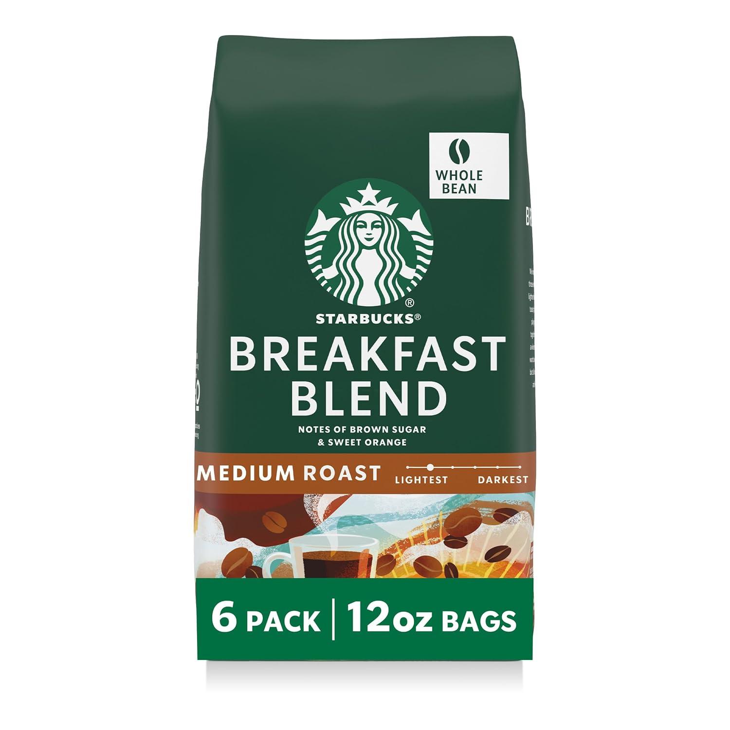 imageStarbucks Whole Coffee Beans Medium Roast Hot or Iced Coffee Breakfast Blend Six 12 oz BagsBreakfast Blend