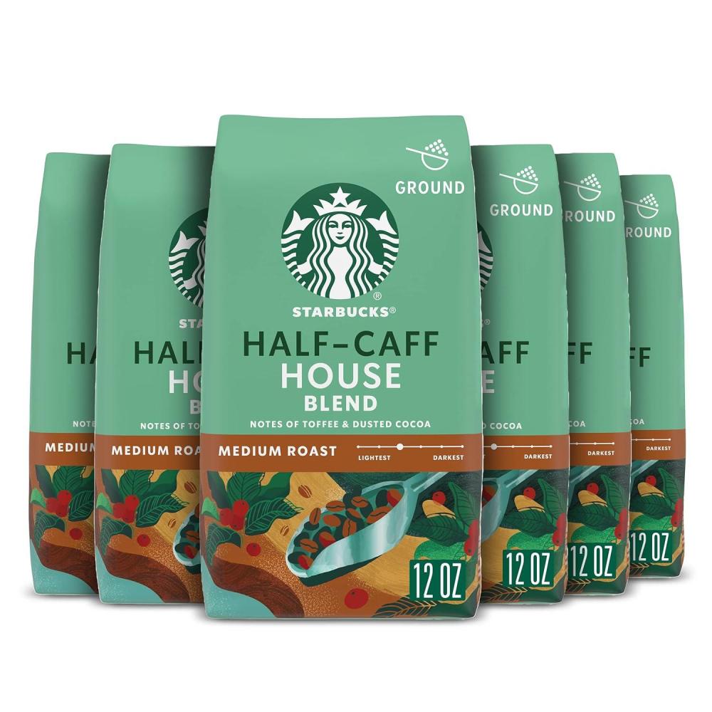imageStarbucks Ground Coffee Medium Roast Coffee HalfCaff House Blend 100 Arabica 6 Bags 12 oz each