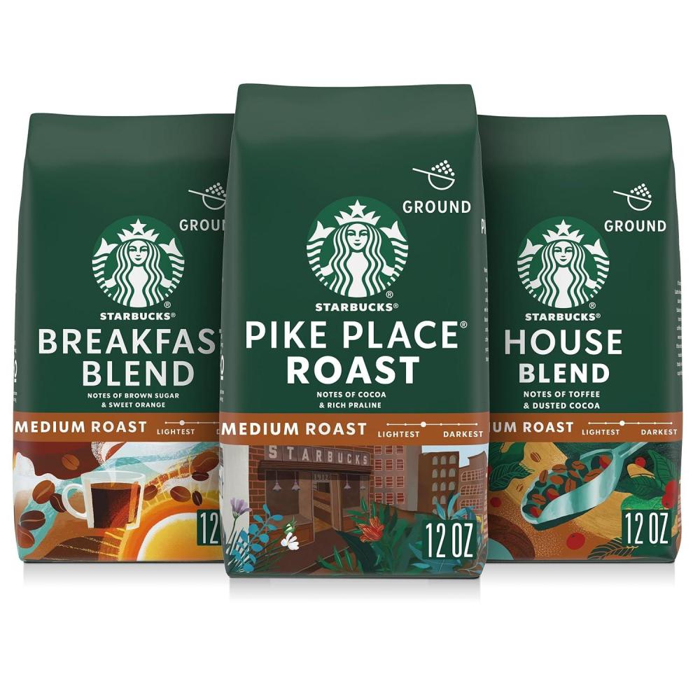 imageStarbucks Ground Coffee Medium Roast Hot or Iced Coffee Variety Pack Three 12 oz BagsMedium Variety Pack