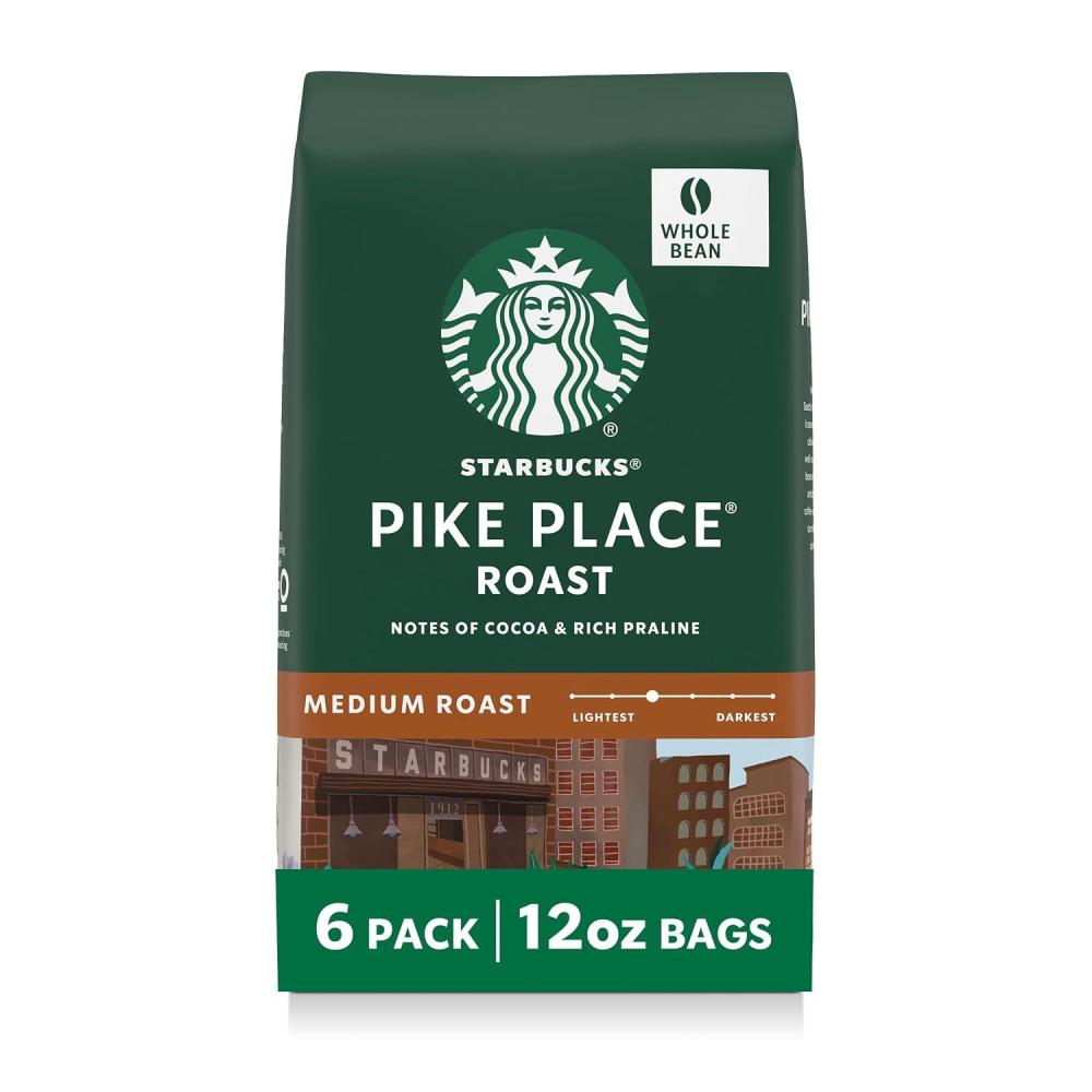 imageStarbucks Whole Coffee Beans Medium Roast Hot or Iced Coffee Pike Place Roast Six 12 oz BagsPike Place