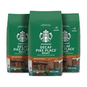 Starbucks Ground Coffee, Medium Roast Coffee, Decaf Pike Place Roast, 100% Arabica, 3 bags (12 oz each)(Decaf Pike Place Roast)