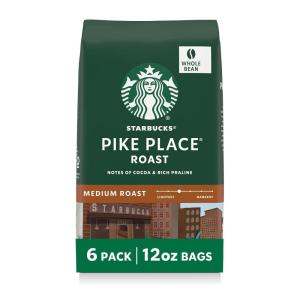 Starbucks Whole Coffee Beans, Medium Roast Hot or Iced Coffee, Pike Place Roast, Six 12 oz Bags​(Pike Place)