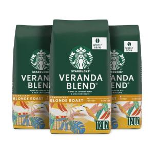 Starbucks Whole Coffee Beans, Starbucks Blonde Roast Hot or Iced Coffee, Veranda Blend, Six 12 oz Bags​(Veranda)