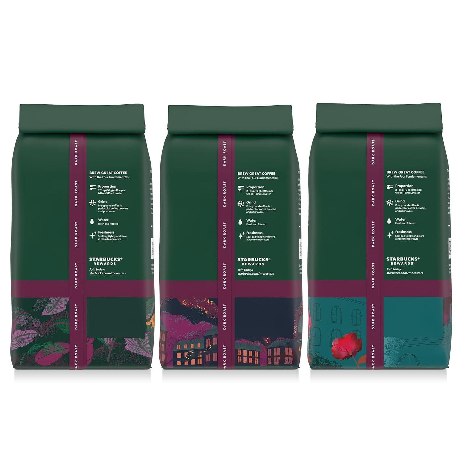 imageStarbucks Ground Coffee Dark Roast Hot or Iced Coffee Variety Pack Three 12 oz BagsDark Variety Pack