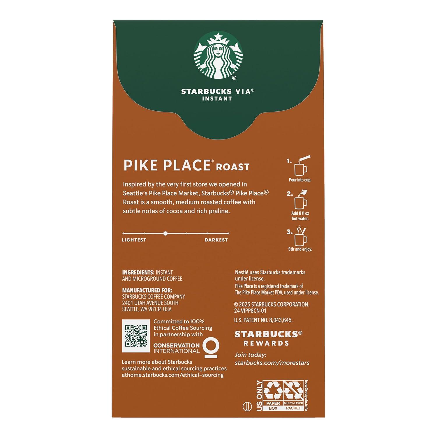 imageStarbucks VIA Instant Coffee Medium Roast Coffee Pike Place Roast 100 Arabica SingleServe 1 Box 50 PacketsPike Place Roast