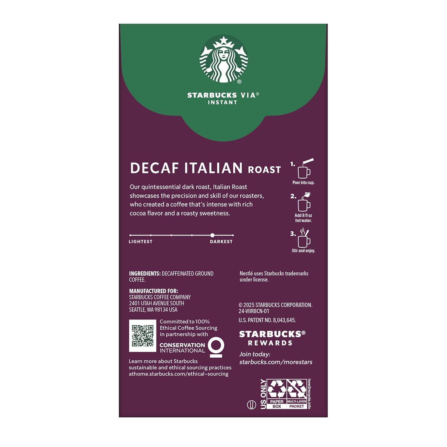 imageStarbucks VIA Instant Coffee Packets Single Serve Dark Roast Coffee Italian Roast 96 PacketsDecaf Italian Roast
