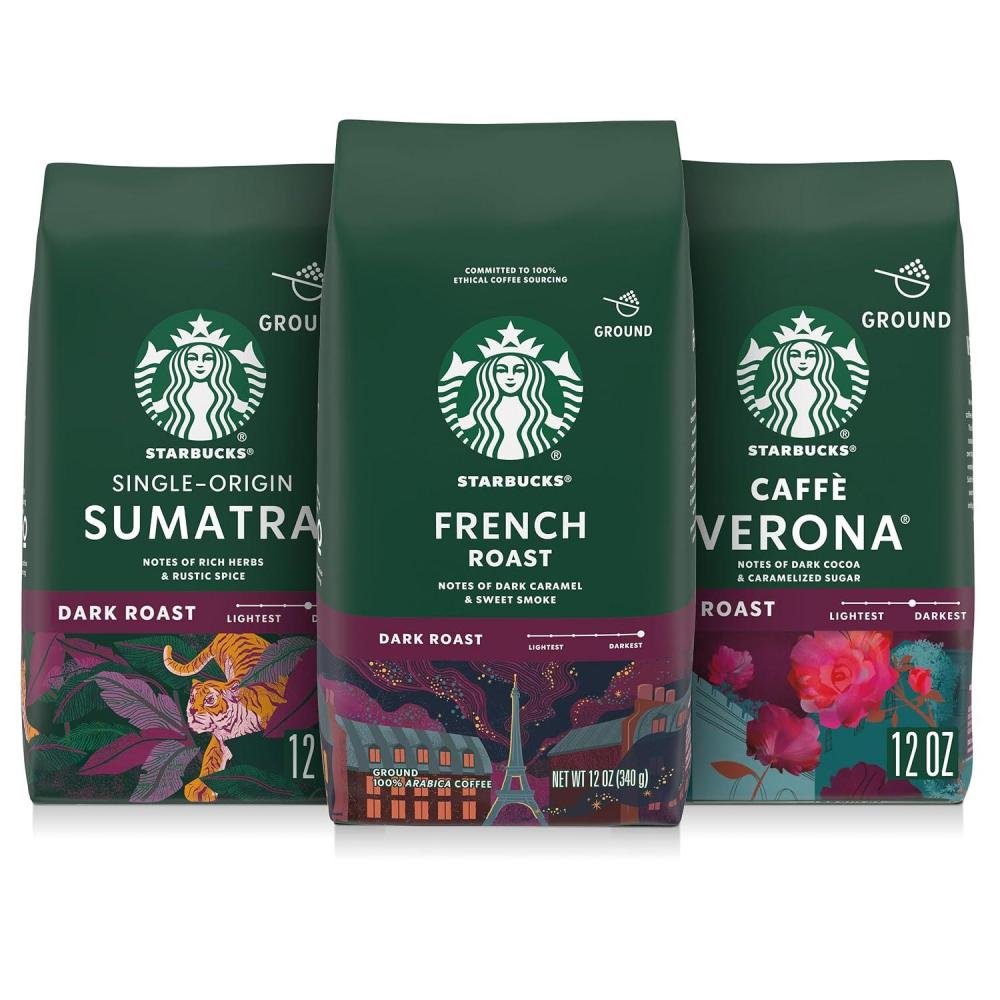 imageStarbucks Ground Coffee Dark Roast Hot or Iced Coffee Variety Pack Three 12 oz BagsDark Variety Pack