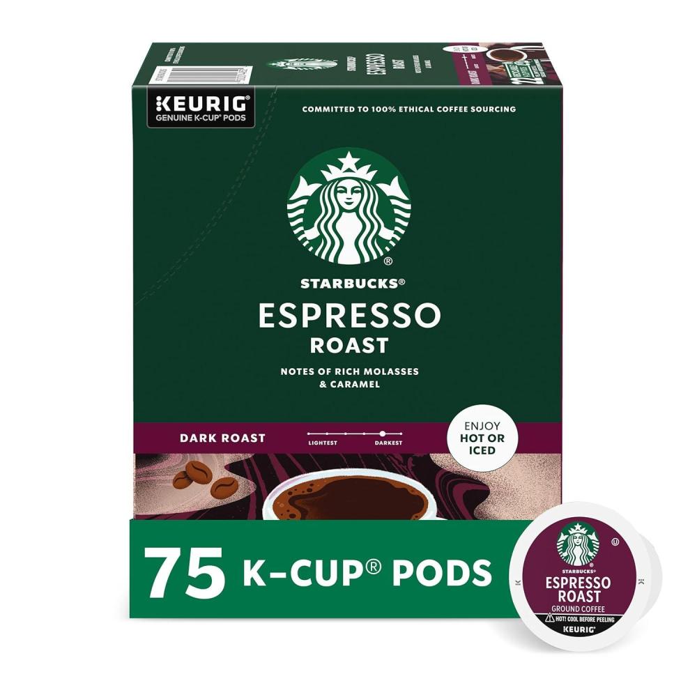 imageStarbucks KCup Coffee Pods Dark Roast Coffee Espresso Roast for Keurig Coffee Makers 100 Arabica 1 Box 75 Pods