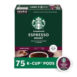 Starbucks K-Cup Coffee Pods, Dark Roast Coffee, Espresso Roast for Keurig Coffee Makers, 100% Arabica, 1 Box (75 Pods)