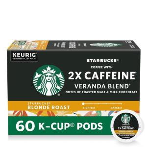 Starbucks K-Cup Coffee Pods, Starbucks Blonde Roast With 2X Caffeine, Hot or Iced Coffee, Veranda Blend, 60 Keurig Pods