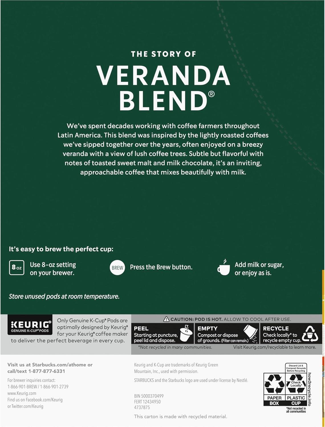 imageStarbucks KCup Coffee Pods Starbucks Blonde Roast Hot or Iced Coffee Veranda Blend 96 Keurig PodsVeranda