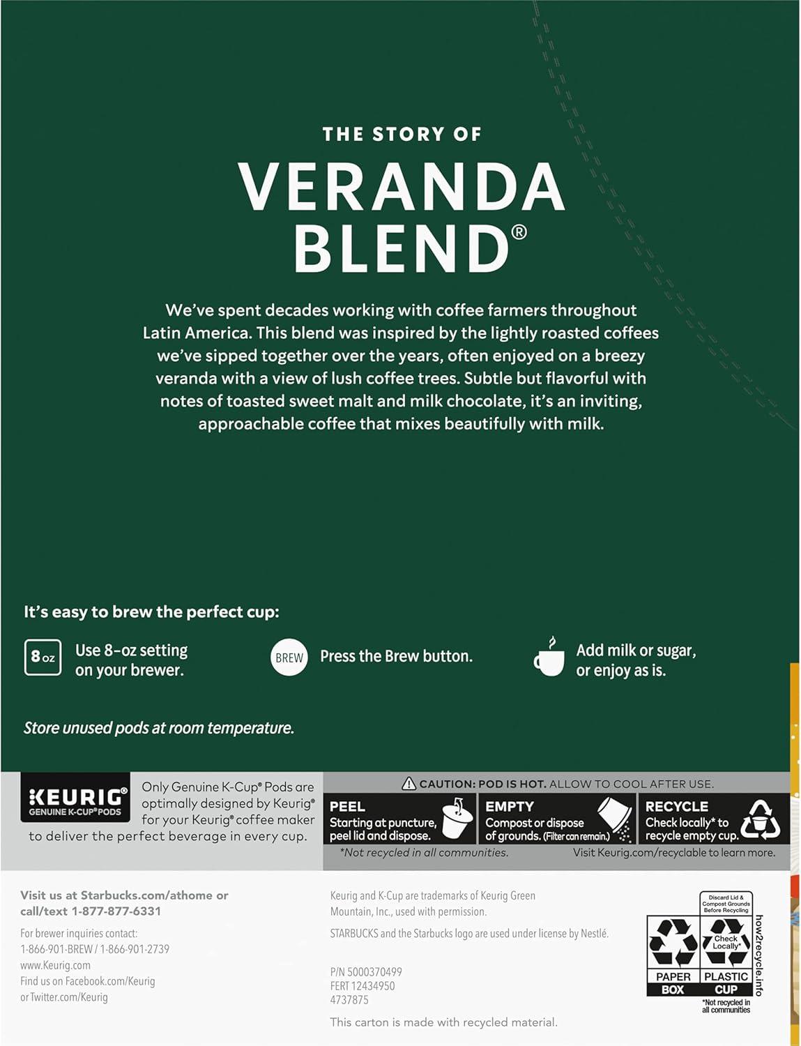 imageStarbucks KCup Coffee Pods Starbucks Blonde Roast Hot or Iced Coffee Veranda Blend 96 Keurig PodsVeranda Blend