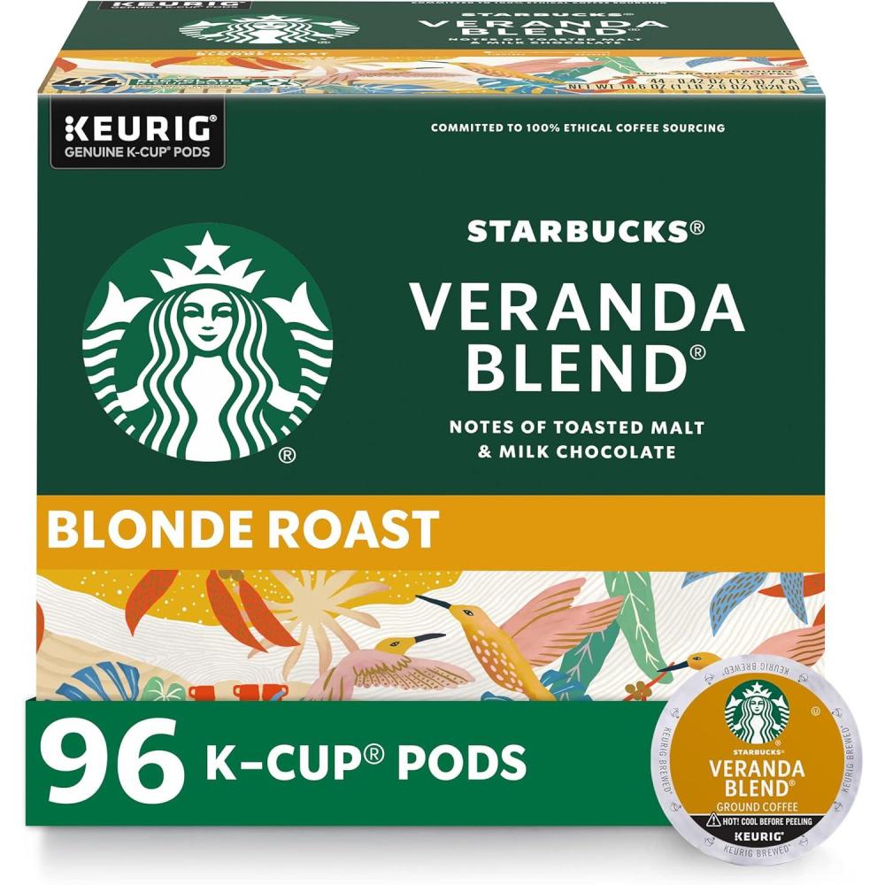 imageStarbucks KCup Coffee Pods Starbucks Blonde Roast Hot or Iced Coffee Veranda Blend 96 Keurig PodsVeranda