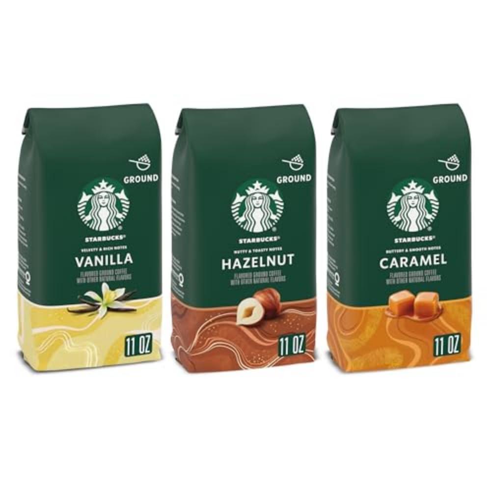 imageStarbucks Ground Coffee Flavored Hot or Iced Coffee Variety Pack Three 11 oz BagsFlavored Variety Pack
