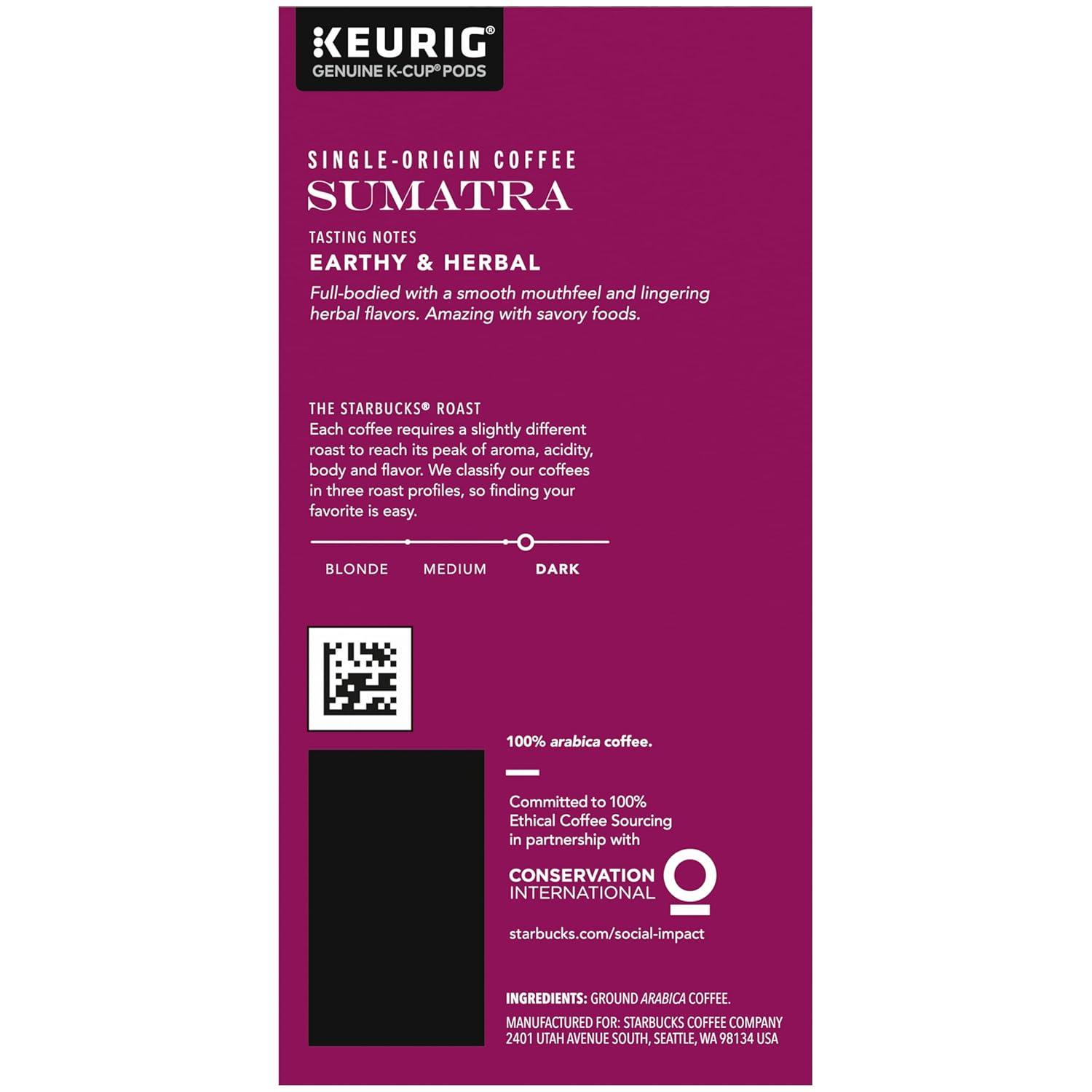 imageStarbucks KCup Coffee Pods Dark Roast Coffee Italian Roast 100 Arabica 1 box 10 podsSumatra