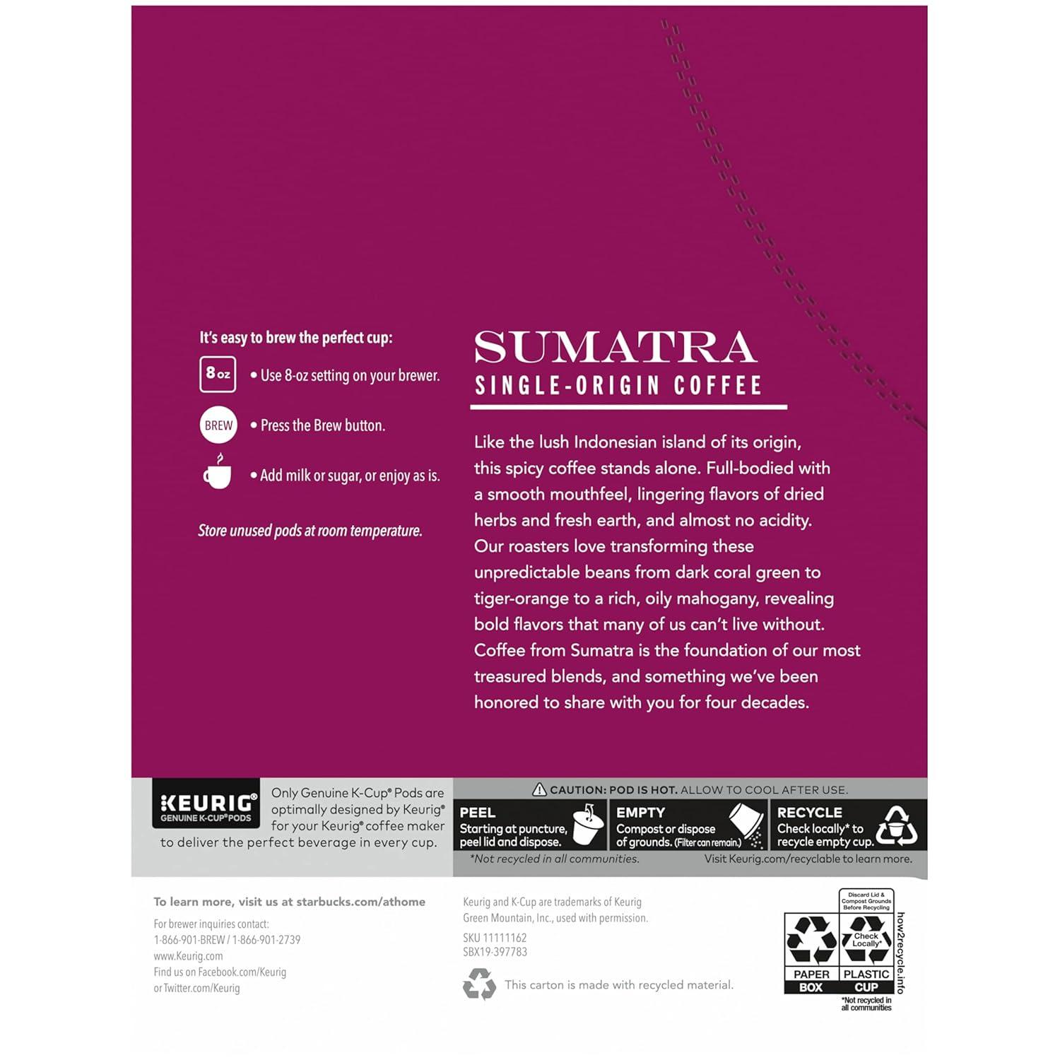 imageStarbucks KCup Coffee Pods Dark Roast Coffee Italian Roast 100 Arabica 1 box 10 podsSumatra