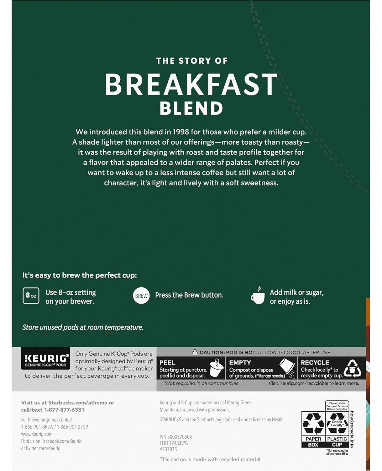 imageStarbucks KCup Coffee Pods Medium Roast Hot or Iced Coffee Breakfast Blend 10 Keurig Pods Breakfast Blend