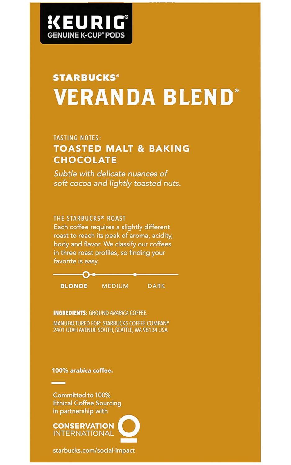 imageStarbucks KCup Coffee Pods Starbucks Blonde Roast Hot or Iced Coffee Veranda Blend 10 Keurig PodsVeranda Blend
