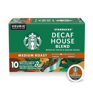 Starbucks K-Cup Coffee Pods, Medium Roast Hot or Iced Coffee, Decaf House Blend, 10 Keurig Pods