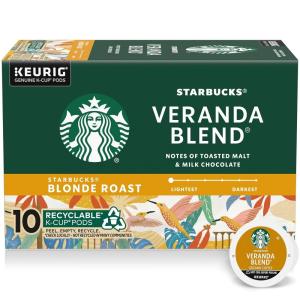 Starbucks K-Cup Coffee Pods, Starbucks Blonde Roast Hot or Iced Coffee, Veranda Blend, 10 Keurig Pods(Veranda Blend)